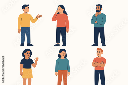 Diverse characters engaging in conversations with various gestures and expressions in flat style