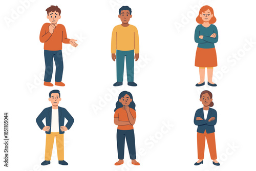 Diverse characters displaying different emotions in casual outfits