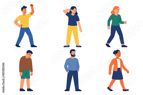 Diverse people posing in flat style for animation and character design