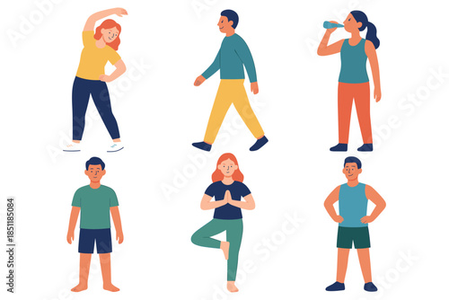 Diverse characters engaging in healthy lifestyle activities