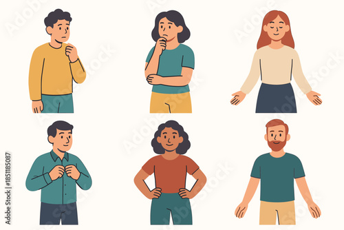 Diverse people posing and expressing different emotions with simple flat designs
