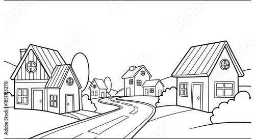 Charming country houses in black and white linear style on a curved road