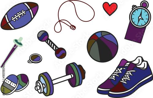 Vector illustration set of sport icons and equipment collection featuring cartoon style football, tennis ball, and fitness symbols for school or beach design art