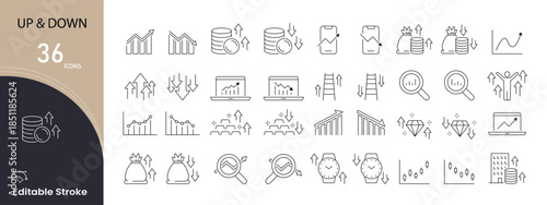 Up and down icons set. Includes icons for increase, decrease, growth, decline, arrows, trends, performance changes, and fluctuation indicators. Ideal for business analytics. Editable stroke.