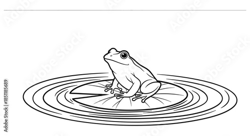 Line art frog on lily pad with ripples in minimalistic black and white style