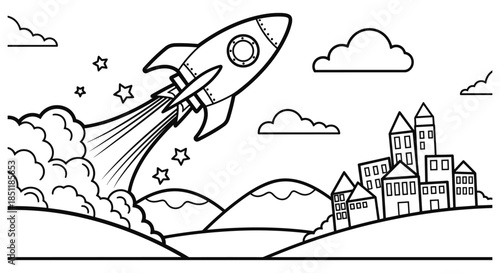 Rocket launch in linear style over mountain landscape with clouds and cityscape