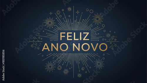 Feliz Ano Novo gold lettering on dark blue background with fireworks