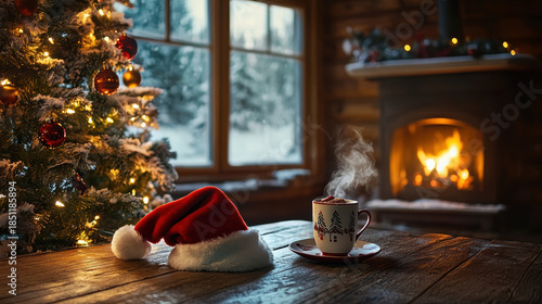 Snowy cabin interior with a roaring fireplace, a steaming mug of cocoa on the table, and Santa hat resting next to a glowing Christmas tree 