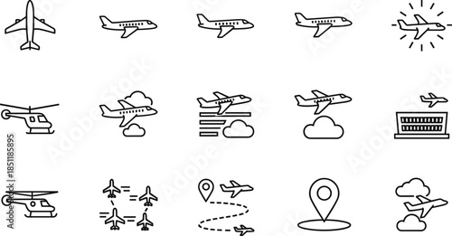 Aviation and Flight Vector Icon Set Featuring Airplanes, Helicopters, Airport Terminals, Flight Paths, Takeoff, Landing, Navigation, and Travel Transportation Outlines.