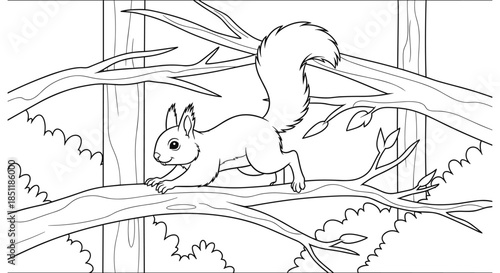 Nature coloring page featuring squirrel on tree branch in forest