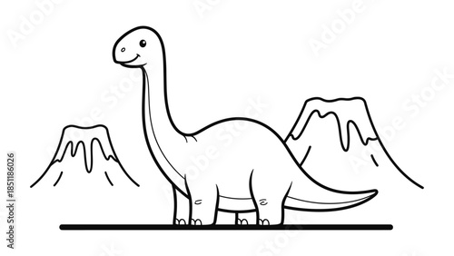 Cute dinosaur in linear style with volcanoes