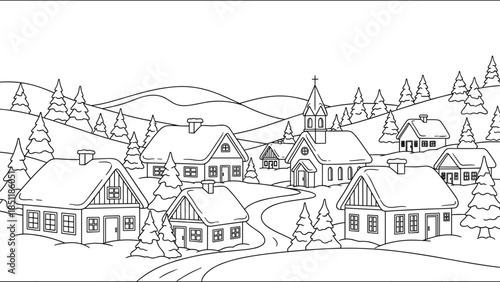 Winter wonderland village with snow-covered houses and trees
