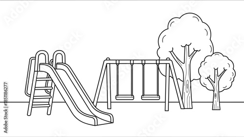 Minimalist playground scene with slides and swings in black and white
