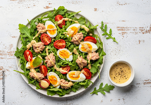 Fresh salad with tuna, tomatoes, eggs, arugula and mustard on white textured background  