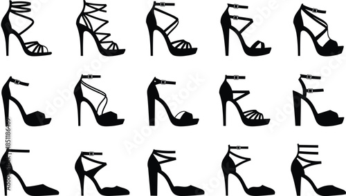 Black Womens High Heel Sandal Silhouettes Set with Various Strappy Fashion Shoes and Stiletto Heels Isolated on White Background for Design