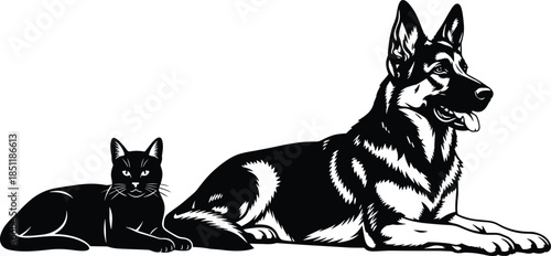 German Shepherd Dog and Black Cat Lying Together Vector Illustration Isolated on White Background for Pet Care and Veterinary Design