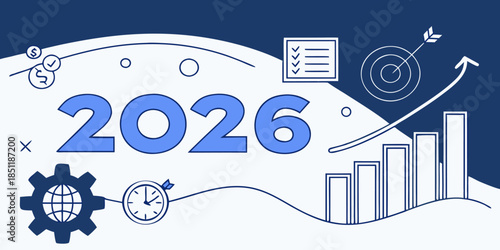 Corporate vector for 2026 Year Review with financial success icons, upward arrows, growth chart, and 2026 logo, ideal for business goals and strategy presentations.