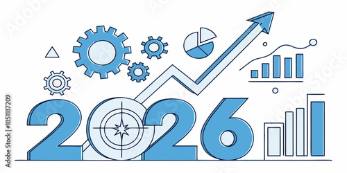 Business growth background for 2026 Year Review, featuring upward arrows, growth charts, financial icons, 2026 logo, ideal for corporate presentations and annual reports.