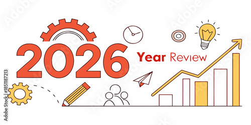 2026 Year Review corporate business background with upward arrows, growth chart, 2026 logo, icons representing team, strategy, and financial success, vector for annual report.