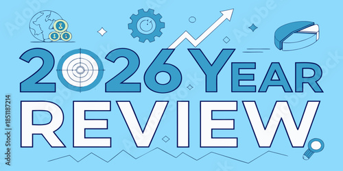 Vector design of 2026 Year Review background with arrows, growth chart, financial success icons, and 2026 logo, ideal for business presentations and reports.