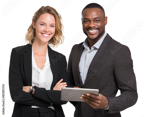 young, smiling business people in suits using a tablet together, isolated on a transparent background.