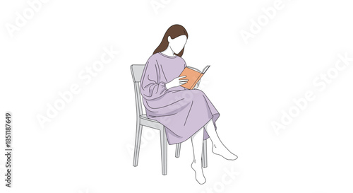 Minimalist illustration of a young woman sitting comfortably on a chair while focusing on reading an interesting paperback book.