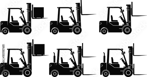 Forklift silhouette illustration, industrial vehicle icons, warehouse lifting graphics, cargo transport design, black forklift set, side view machinery art