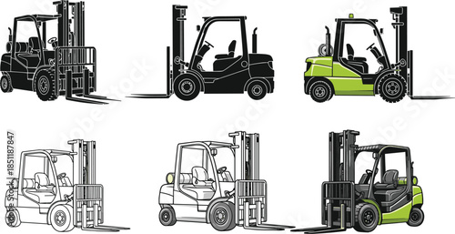 Forklift vector illustration, industrial vehicle icons, warehouse equipment graphics, logistics machinery design, heavy lifting transport, side view forklift set