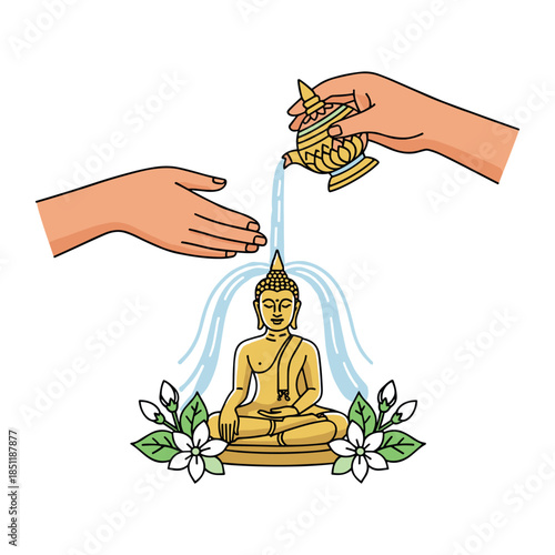 A person respectfully pouring water from a golden vessel onto a golden Buddha statue decorated with jasmine flowers