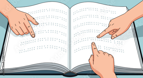 Close-up view of several hands feeling the raised dots of braille text on the pages of an open book for visually impaired people.
