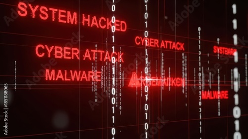 Cyber Attack Notification: Red glowing text of system hacked and malware over binary code for network security breach warning