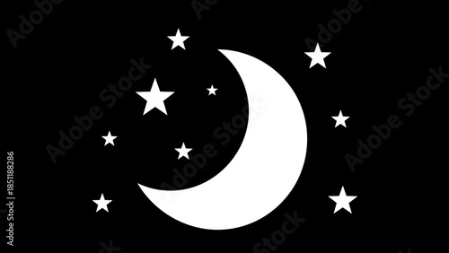 White Crescent Moon with Stars Illustration.
