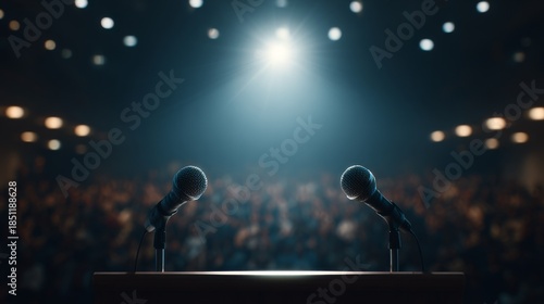 Stage Speech Two Microphones Ready for Debate  Presentation in Empty Auditorium.