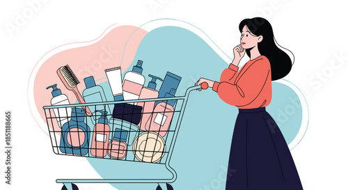 Young woman thoughtfully choosing beauty products with a shopping cart full of various cosmetic bottles and skincare items.