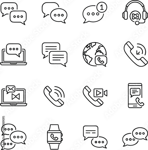Minimal communication and customer support line icons set featuring chat messages, phone calls, video calls, messaging apps, and contact center concepts