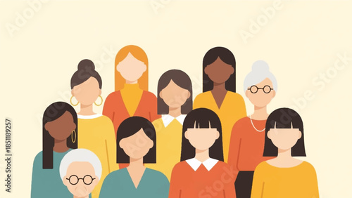 Diverse group of women standing together in a vibrant illustration