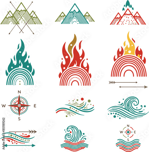 Collection of minimalist nature icons mountains fire water and compass