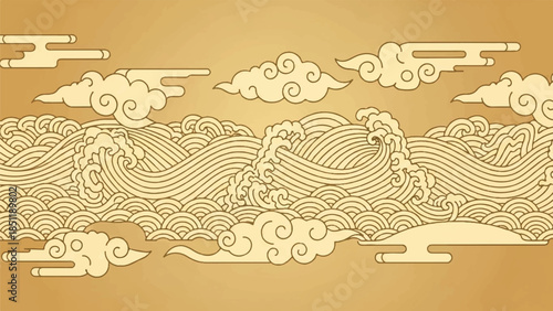 Waves and clouds in a serene landscape illustration with a golden background