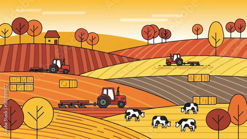 Rural landscape with farming activities and animals grazing in a scenic countryside view