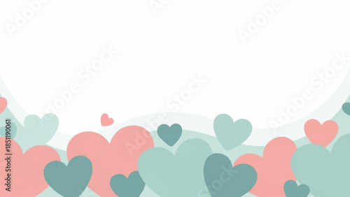 A serene landscape of hearts in various pastel shades floating gently in a soft, white environment viewed from a straightforward perspective