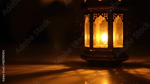 Ramadan lantern glowing in the dark, casting beautiful shadows on a wooden surface, creating a serene and festive atmosphere for Islamic celebrations and traditions.