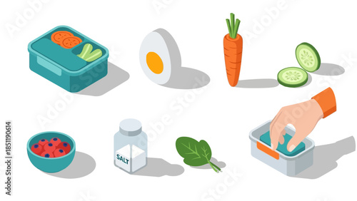 Isometric healthy meal preparation with fresh ingredients and containers