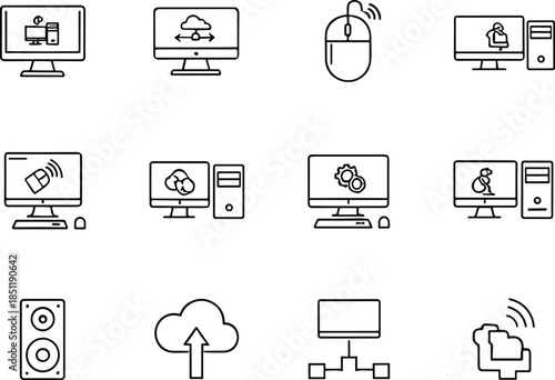 Minimal cloud computing and computer network line icons set featuring desktop systems, data sharing, upload, connectivity, and digital communication concepts