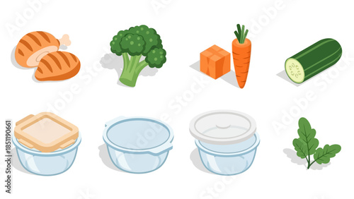 Isometric fresh ingredients and kitchen containers for healthy meal prep