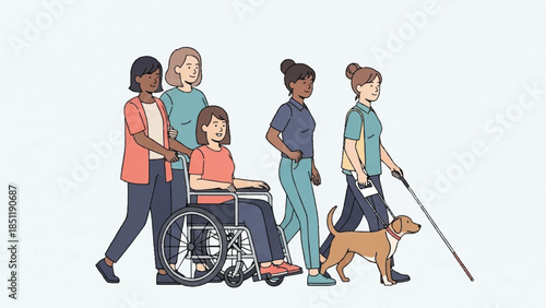 Diverse group of people assisting individuals with disabilities outdoors