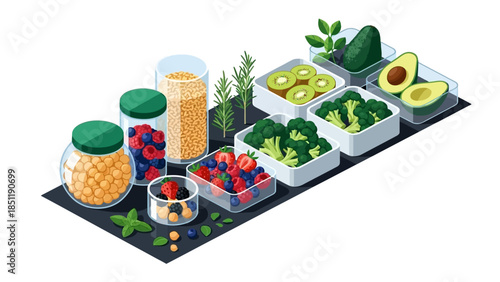 Isometric superfoods on a kitchen counter with fresh greenery and fruits