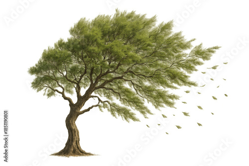 Green tree with leaves blowing strongly in the wind, symbolizing nature's power, isolated on transparent background