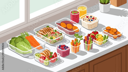 Vibrant healthy meal prep on kitchen counter with fresh vegetables and fruits in containers