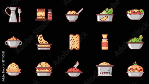 Charming food icons set on black background for culinary design projects