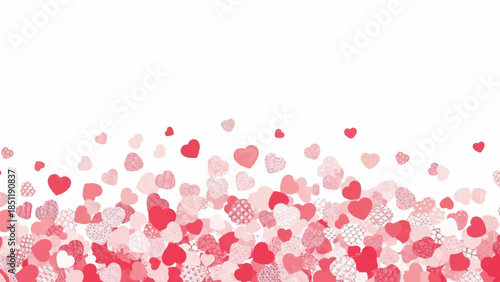 Scattered red and pink hearts floating in the air from a bottom-centered viewpoint
